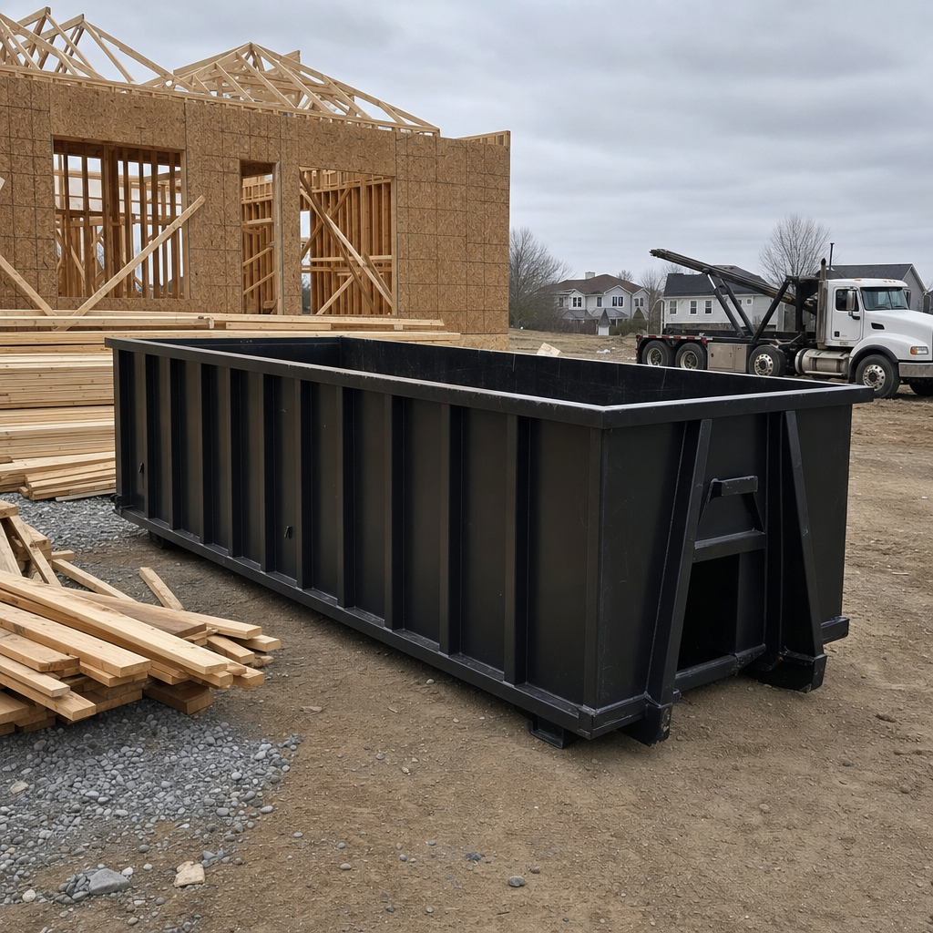 Matte-black 40-yard roll-off dumpster staged on a framed-out residential construction site in Poulsbo, framing lumber stacked nearby, hooklift delivery truck visible in the background under bright Colorado daylight
