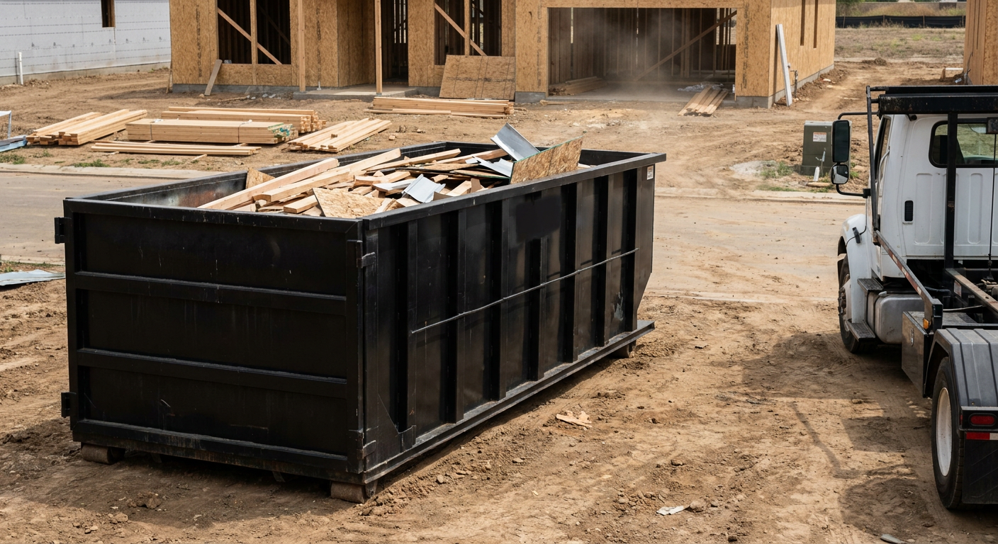 Matte-black 20-yard roll-off construction dumpster with heavy ribbed steel sidewalls and swing rear doors at a working jobsite in Poulsbo, sitting directly on compacted dirt with an unmarked white hauler partially visible at the far edge of the frame.