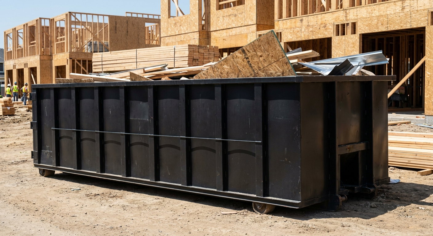 Matte-black 40-yard roll-off construction dumpster being lowered from a white-cab hooklift delivery truck onto the compacted-dirt jobsite at a commercial build site in Poulsbo