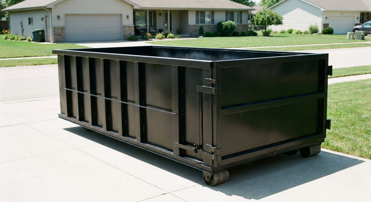 Matte-black 10-yard roll-off dumpster on a residential concrete driveway in Poulsbo, uniformly painted matte black across every panel and rail, ribbed steel sidewalls and rear swing door visible, mid-day daylight.