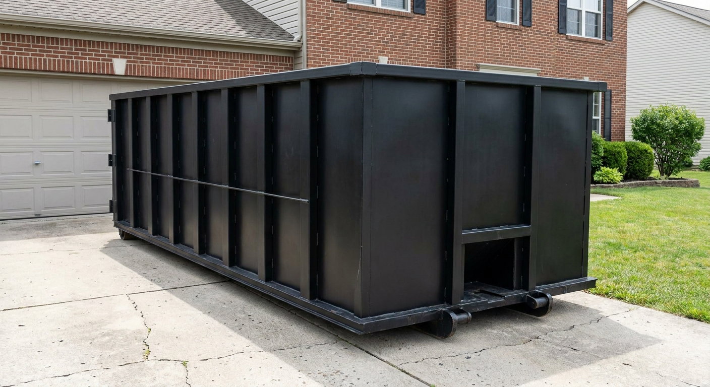 Matte-black 20-yard roll-off container on a Poulsbo residential concrete driveway with reinforced ribbed steel sidewalls and a hinged rear walk-in door, clean bright daylight.