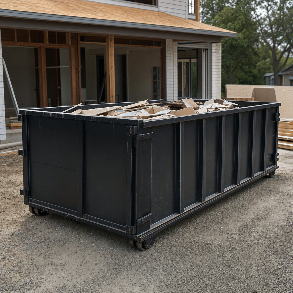 Large matte-black 30-yard construction roll-off dumpster at an active Poulsbo jobsite, steel-gray top rails and bottom rollers visible, loaded with construction debris.