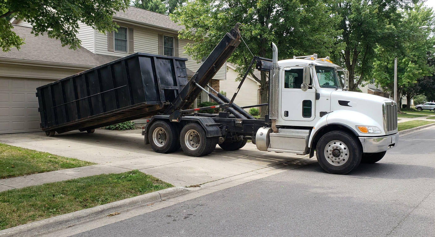 White-cab hooklift roll-off truck actively lowering a matte-black dumpster onto a Poulsbo residential concrete driveway, the dumpster's rear wheels touching the driveway as the hoist arm tilts the bed forward, mid-morning daylight.