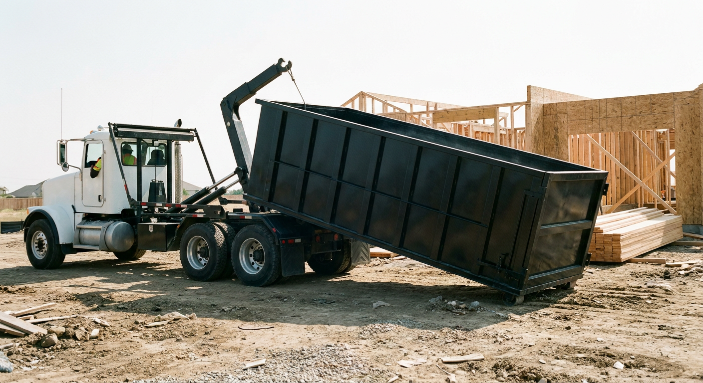 Matte-black roll-off dumpster being delivered onto a clean residential concrete driveway in Poulsbo by an unmarked white hooklift hauler truck, bright morning daylight, documentary 35mm perspective.