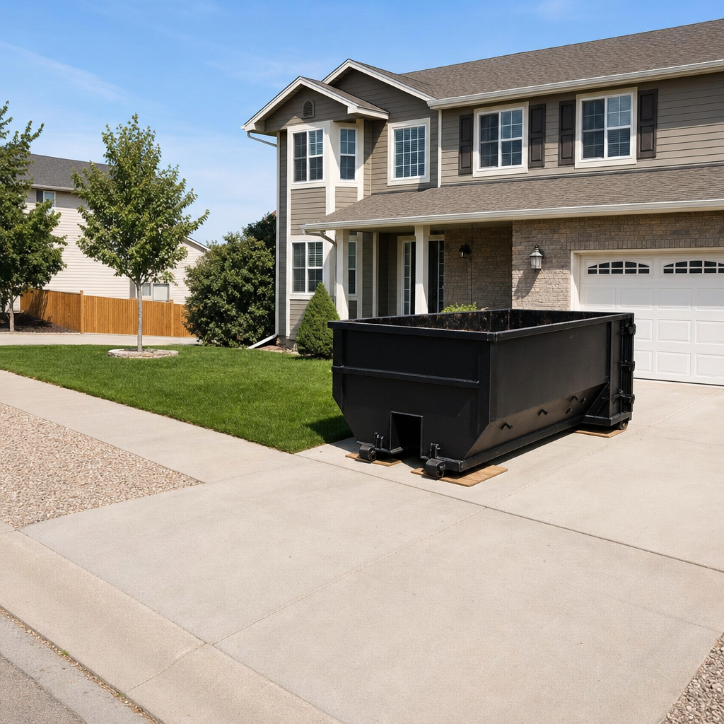 10-yard matte-black residential dumpster placed directly on a narrow Poulsbo concrete driveway, room remains for a parked sedan beside it, mid-morning natural light