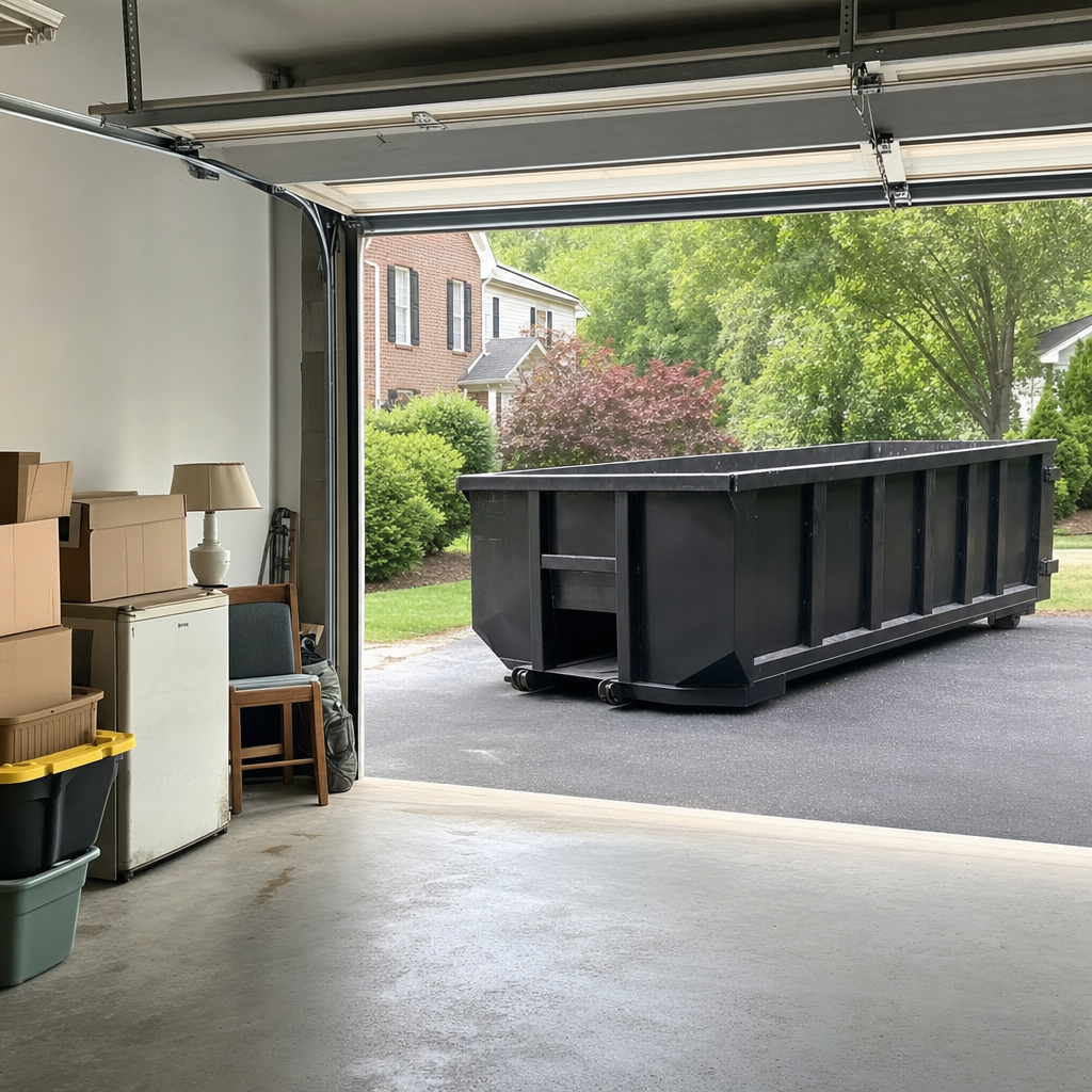 Open garage interior in a Poulsbo home mid-cleanout — boxed items, an old appliance, and stacked yard tools queued near the driveway for a matte-black roll-off dumpster, organized and calm