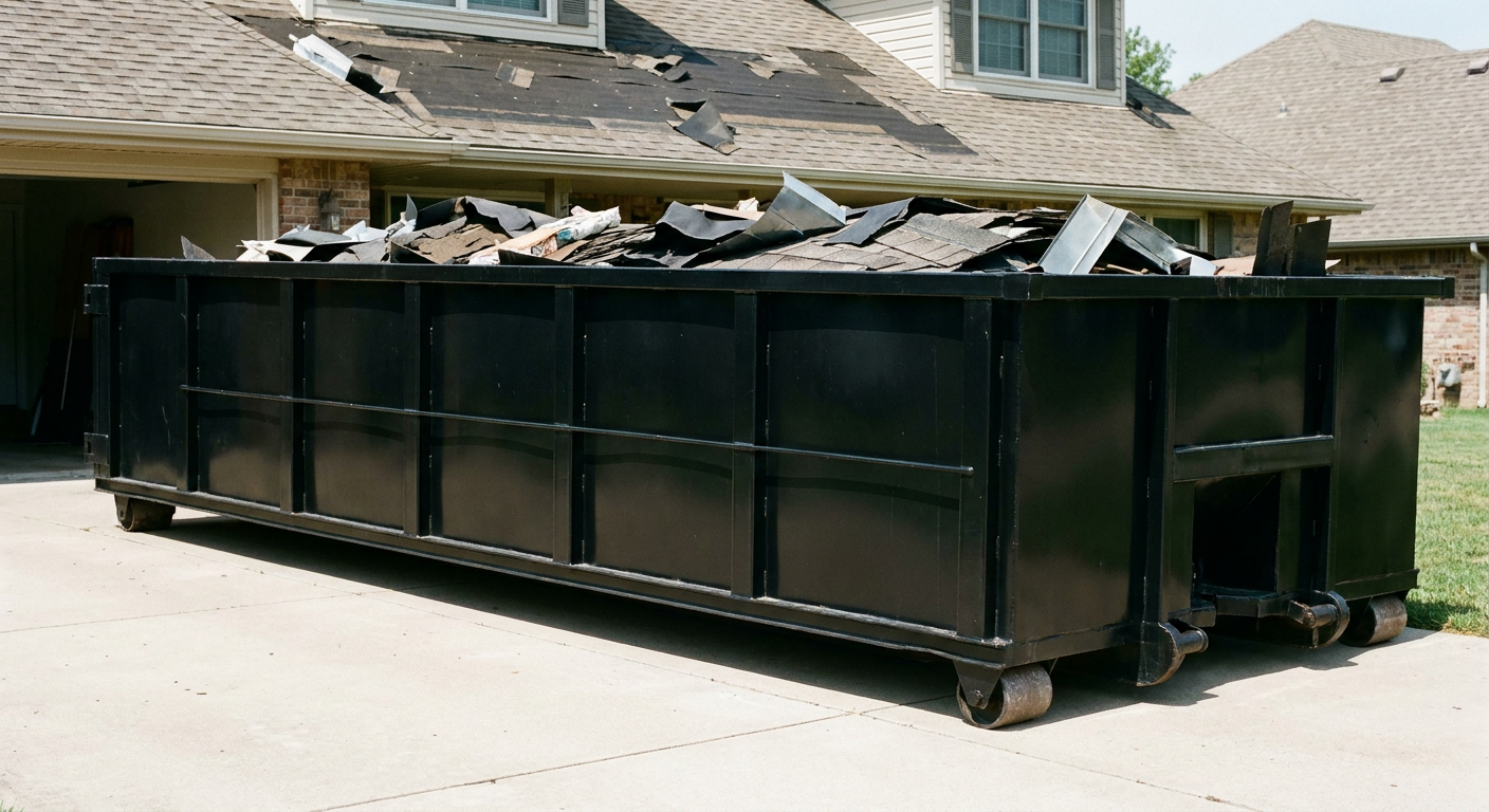 Matte-black 20-yard roofing roll-off dumpster with steel ribbed sides and swinging rear door, sitting directly on the concrete driveway of a two-story Poulsbo home, asphalt shingle debris being loaded over the low wall, clean documentary lighting.