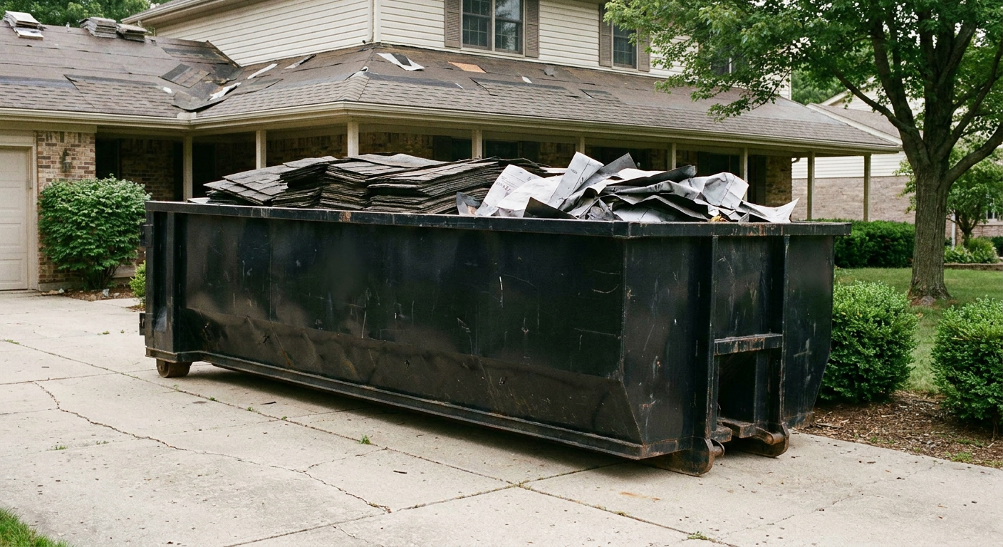 Matte-black 30-yard roofing roll-off dumpster sitting directly on a Poulsbo concrete driveway, taller ribbed steel side panels, mixed tear-off debris of asphalt shingles and underlayment inside, professional documentary daylight.