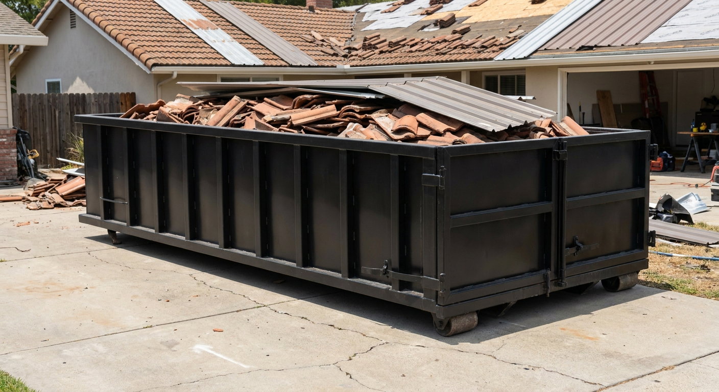 Matte-black low-wall heavy-debris roofing roll-off dumpster sitting directly on a Poulsbo concrete driveway, broken concrete clay roof tiles and metal panel sections loaded inside, reinforced ribbed steel side walls visible, bright outdoor daylight.