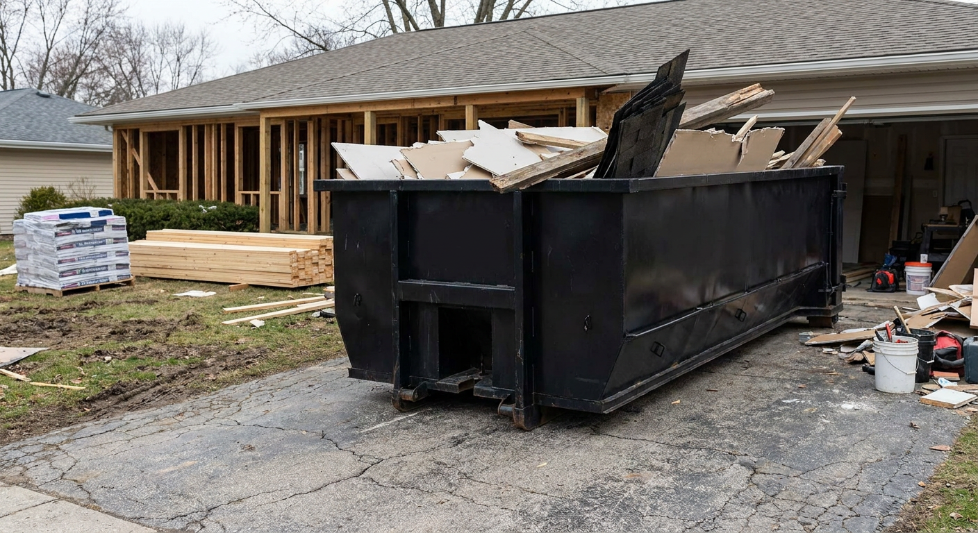 A matte-black 20-yard roll-off dumpster placed alongside a mid-renovation Poulsbo home directly on the asphalt driveway, with framing materials and torn-off shingles staged neatly nearby.