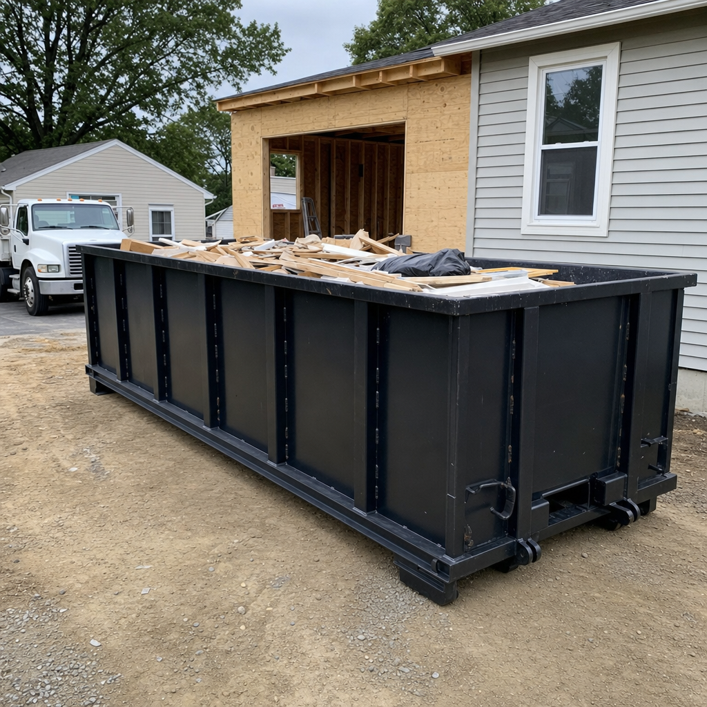 A matte-black 30-yard roll-off dumpster positioned at a Poulsbo residential addition jobsite, with framing lumber and drywall scraps loaded through the open swinging rear doors.